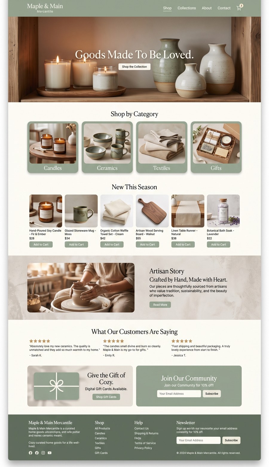 Maple & Main Mercantile homepage design